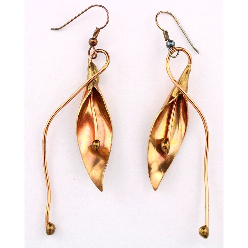 Vintage Handmade Copper Lily Flower 3.25" Mobile Chandelier Pierced Earrings